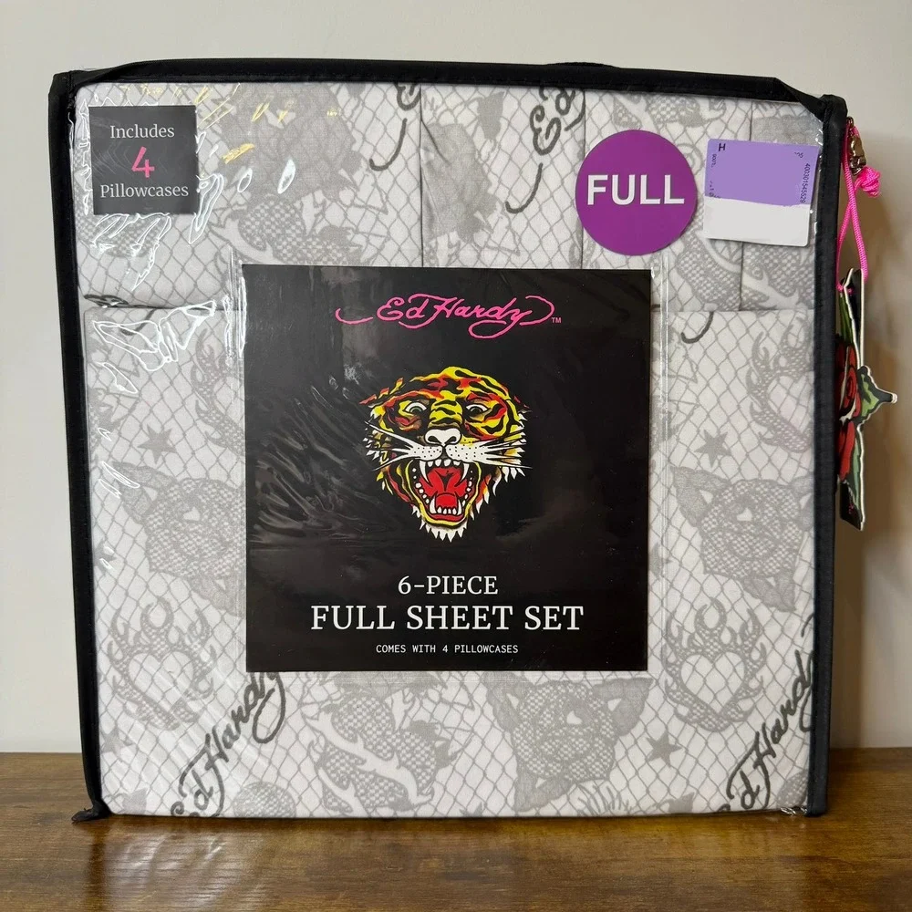 New Ed Hardy Full 6 Pc Double Brushed Sheet Set White Grey Fishnet Bedding Y2K